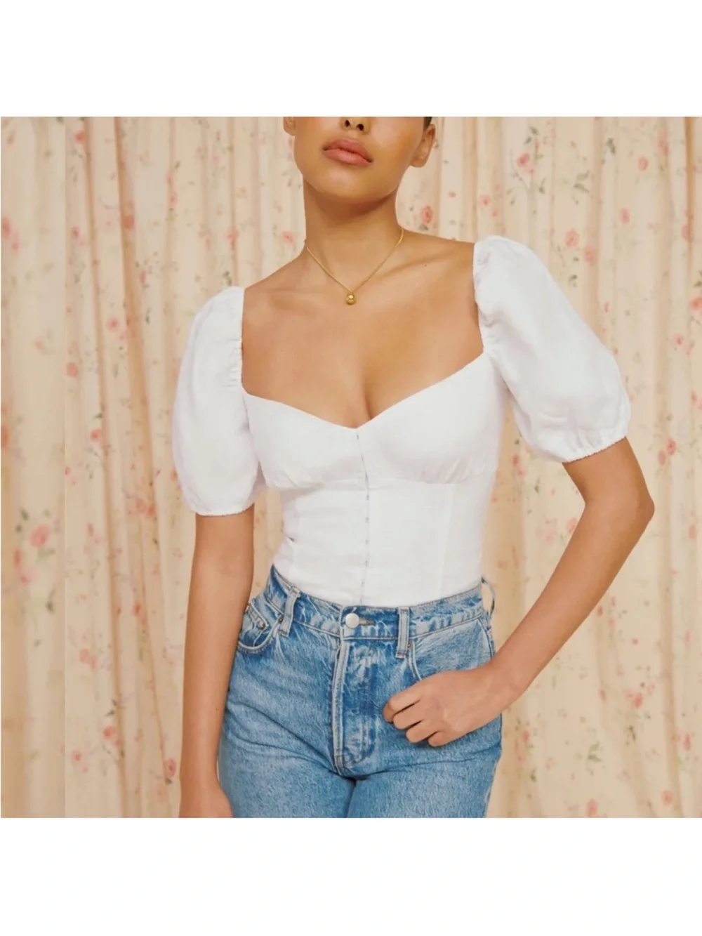 Reformation White Sweetheart Corset Puff-Sleeve Top